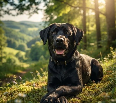 Kuno, a black Labrador, lying in a sunlit forest clearing during a training session
