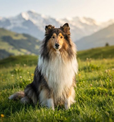 Miro, a Rough Collie, sitting in a mountain meadow below snow-capped peaks