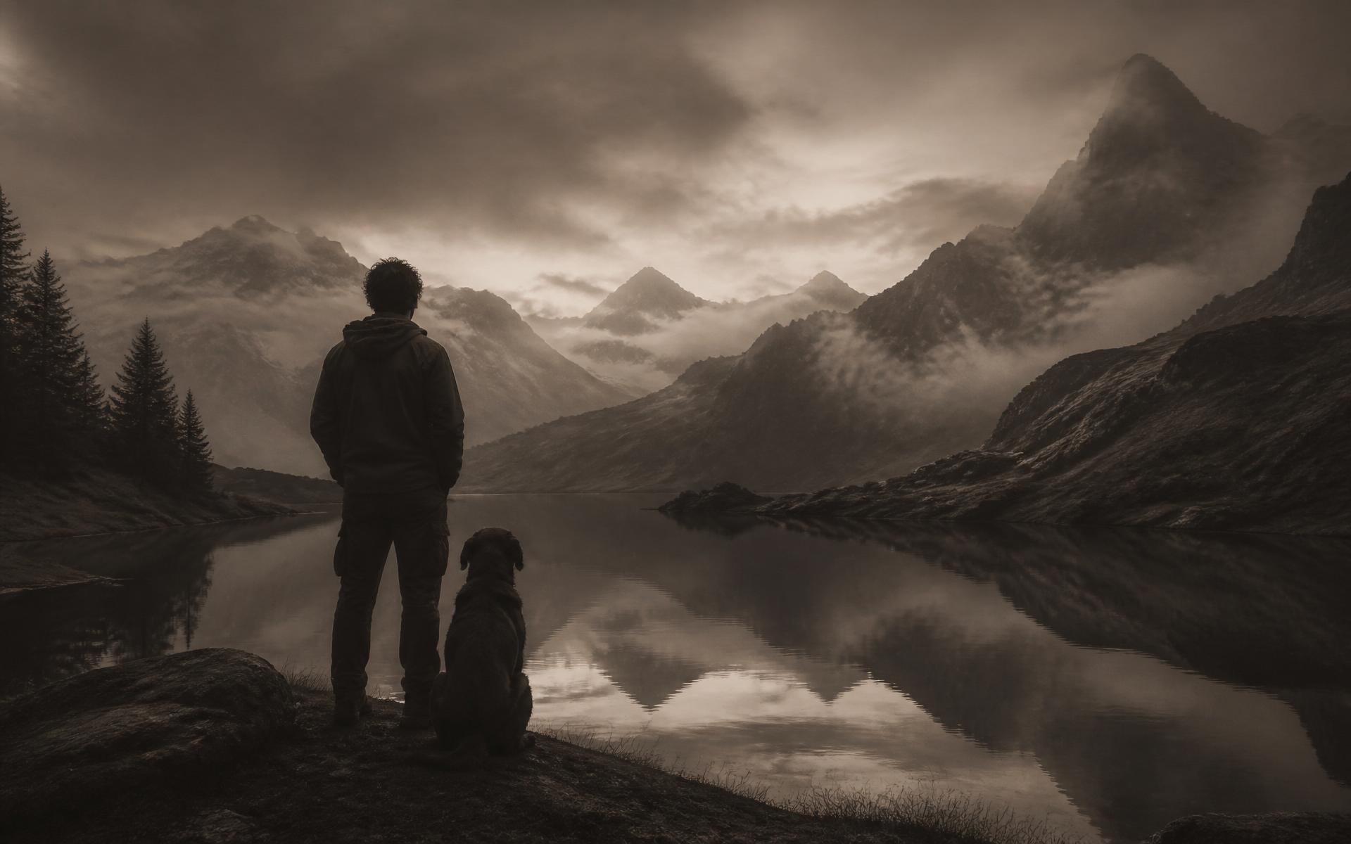 A person and their dog watching the sunset over a mountain lake