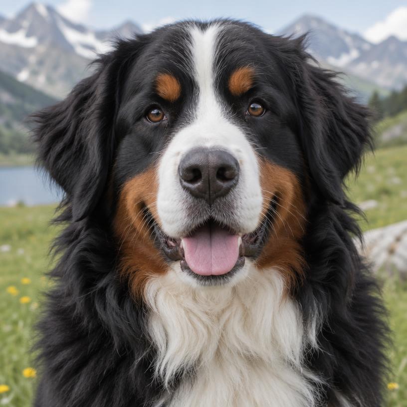 Alba, a Bernese Mountain Dog, portrait in an alpine meadow