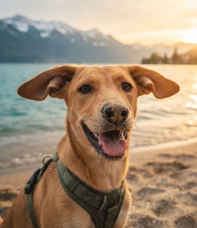 Nala, a tan mixed-breed dog in a walking harness, on a lake beach at sunset